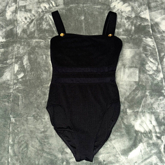 Mainstream Vintage Bodysuit Women's 12 Black Stretch Wide Strap One Piece - Picture 1 of 8